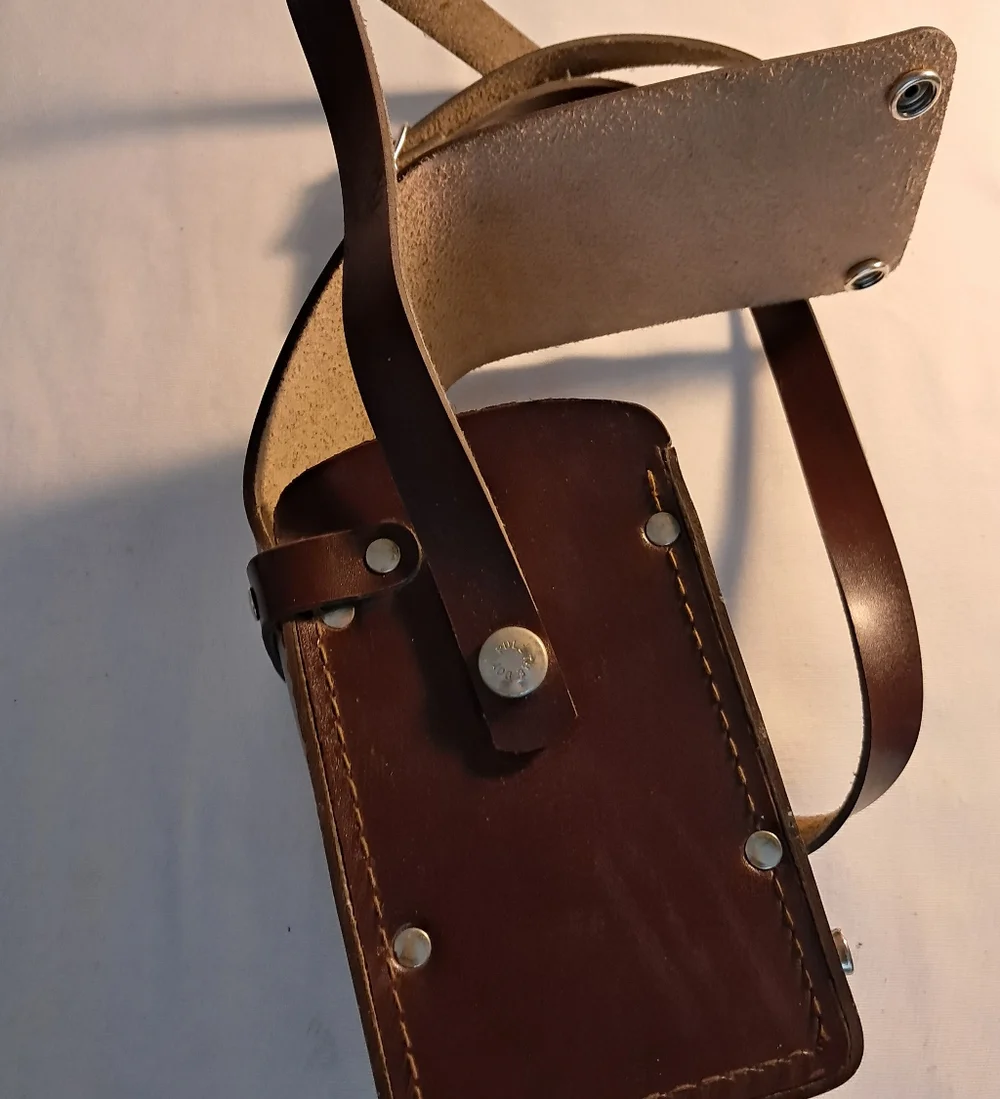 Vintage Leather Camera Case, long strap, brown, buckle straps inside, 4